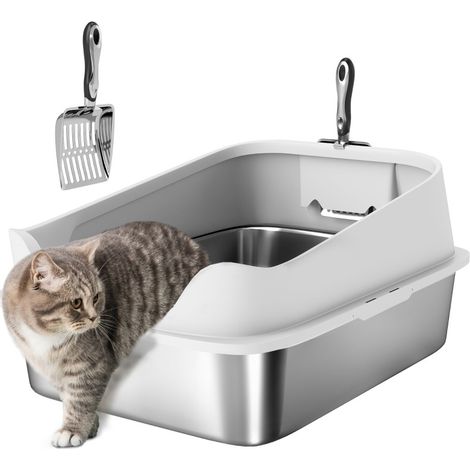 Litière pour chat XL ouverte en inox avec bords hauts, zone de récupération de litière et pelle incluse, idéale pour grands chats, 60,2 x 40,2 x 29,7 cm, gris - CHICFURN (1/5)
