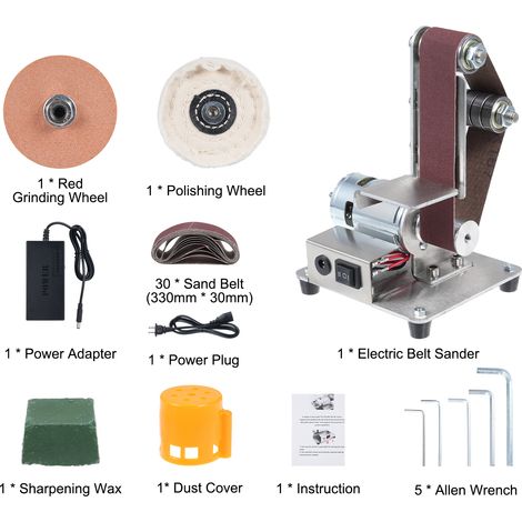 Ponceuse à bande électrique réglage à 7 vitesses Mini ponçage multifonctionnel polissage rectifieuse avec 10 courroies 30330mm 1 pièces cire d'affûtage de roue rouge (1/5)
