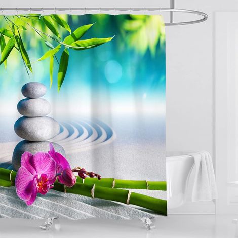 Rideau de Douche Anti Moisissure Galet Zen Imprimé Rideau Douche Tissu Imperméable Polyester 200x200 cm 3D Orchidee Bambou Rideaux de Douche Baignoire Lavable Machine Gris Vert (1/5)