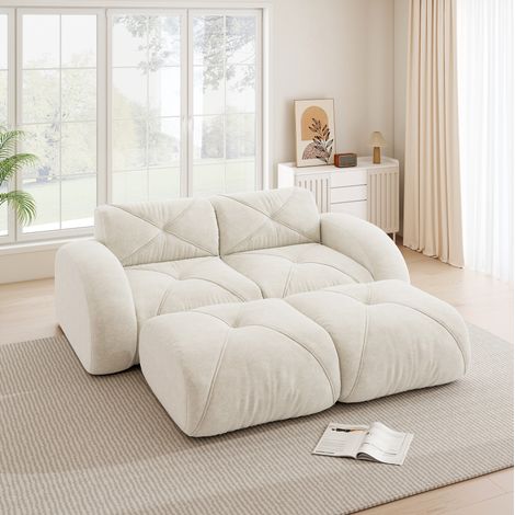 Sofá modular de 2 plazas con 2 pufs, chenilla, sin montaje, beige claro HAVRYA (1/5)