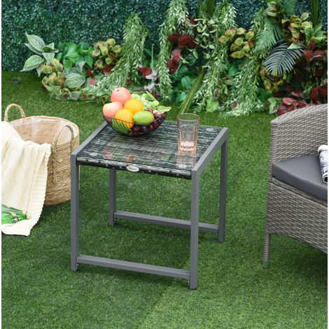 Gartentisch 50x49.5x50 cm grau aus Polyrattan mit Hartglas, wetterfest (1/5)