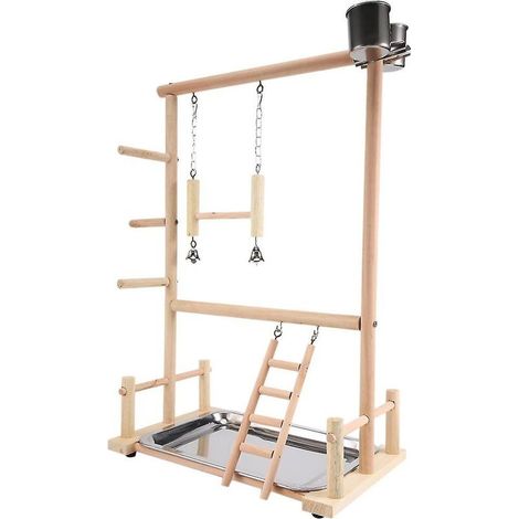 Perchoir en bois naturel pour perroquets – Support de jeu avec échelles et mangeoires en acier inoxydable – Dimensions 36,5 x 23 x 57 cm (1/3)