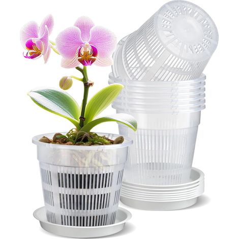 Lot de 8 Pots à Orchidées, 16cm Transparent Pots de Fleurs en Plastique Pot de Fleur Interieur avec Trous et Soucoupes pour Kit de Rempotage D'orchidées pour Jardins de Balcon (1/5)