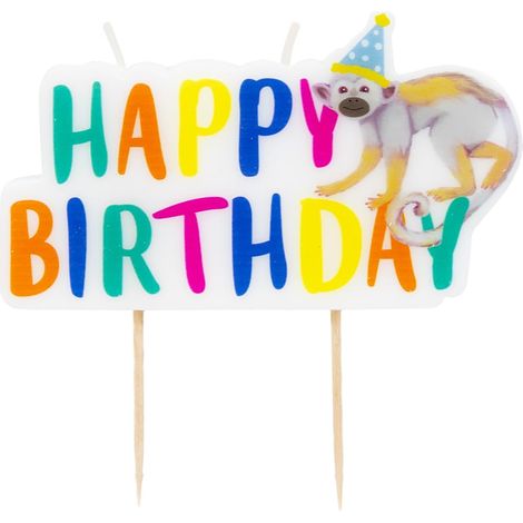 Bougie Anniversaire Jungle Safari - Decoration Gateau Singe Rigolo, Happy Birthday Multicolore, 2 Meches, 11 cm x 10 cm (1/3)