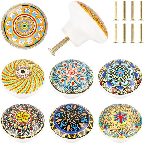 8 Pcs boutons de meubles en céramique boutons de portes pour placards de style bohème 39mm poignée tiroir avce vissé pour placard armoire cuisine, chambre d'enfant (1/5)