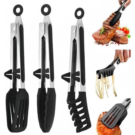 3-teilige Silikon-Fleischzange – Küchenzange – Tischzange – Pastazange – mit Füßen – rutschfeste Griffe – geeignet für Nudeln, Fleisch und Brot – Schwarz (1/5)
