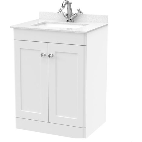 Swynnerton Traditional 2 Door Floor Standing Vanity Unit with Marble Basin, Satin White, 600mm