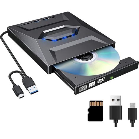 Lecteur DVD Externe USB 3.0 USB C Graveur CD Portable SD TF Lecteur Optique avec 3 Ports USB, Compatible PC Laptop Mac Windows Linux, Graveur Externe pour Lecture CD DVD et Données (1/5)