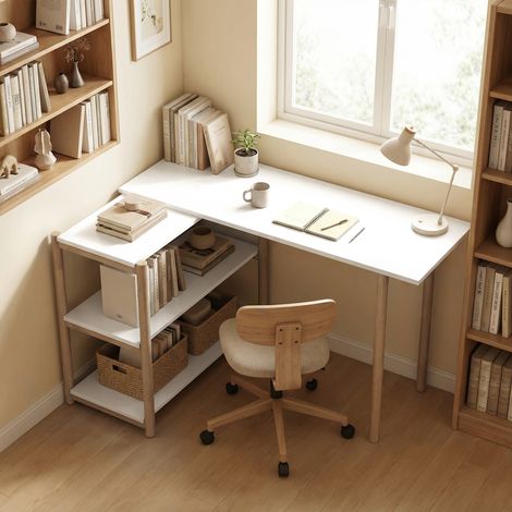 Bureau d'ordinateur pliable, bureau gain de place avec étagères et cadre en bambou (1/5)
