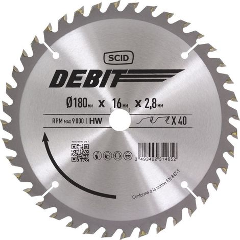 Lame de scie circulaire carbure 180mm – 40 dents – Alésage 16mm – Épaisseur 2,8mm – Pour bois dur et teck – Scid