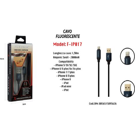Trade Shop - FLUORESZIERENDES LADEKABEL FÜR IPHONE IPAD IPOD 1,50 MT 5 VOLT - 2000MA MAXTECH F-IP017 - (1/5)