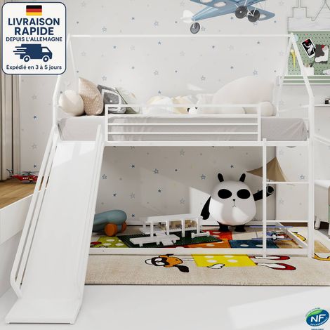 Cama alta de metal de 90 x 190 cm - Estructura de cama con forma de casa y tobogán, ideal para dormitorio infantil - Fácil montaje - Blanco (1/5)