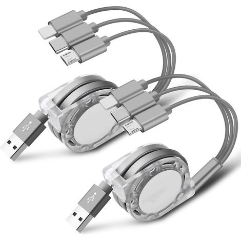 Lot de 2 câbles de charge USB multiples rétractables 3 en 1 avec connecteurs Mini Type C et Micro USB. Compatibles avec téléphones et tablettes. Usage universel.