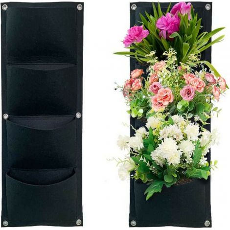 BEBUSINGOTO Lot de 2 sacs de plantation verticaux à suspendre - Sacs de plantation - Sacs suspendus de jardin - 4 poches - En feutre épais - Pour balcon, extérieur, jardin, cour, bureau, décoration d (1/5)