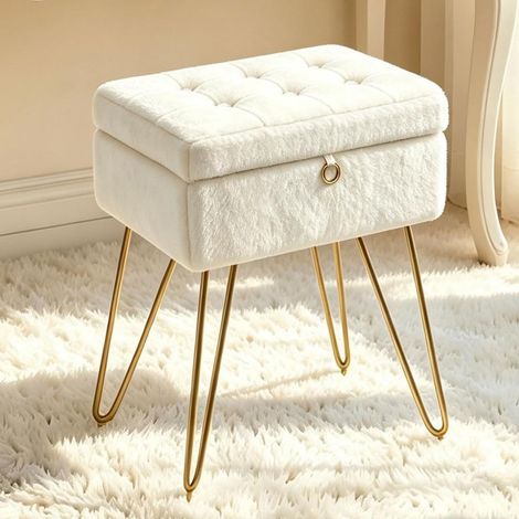 Pouf Coiffeuse Blanc avec Rangement 8 L, Fausse Fourrure et Mémoire de Forme (1/5)