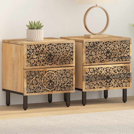 Tables de chevet x2 en bois de manguier massif, 2 tiroirs, motifs sculptés, 40 x 33 x 46 cm - PANGIVO (1/5)
