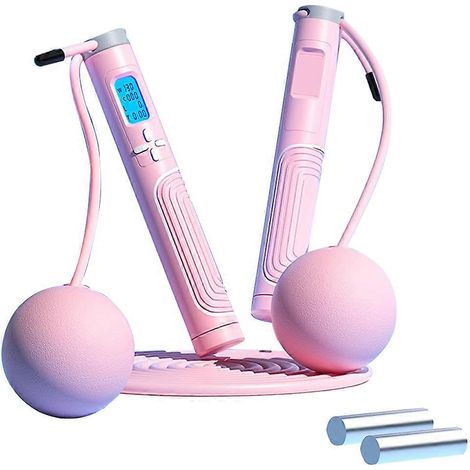 Corde à sauter avec compteur de calories, lestée pour le fitness, longueur ajustable, sans fil, grosse balle, rose (1/4)