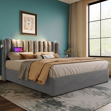 Lit capitonné double 140x200 cm avec lampe de lecture et charge, tête de lit avec rangement, cadre en velours, lit ado avec sommier, gris, avec matelas (1/5)