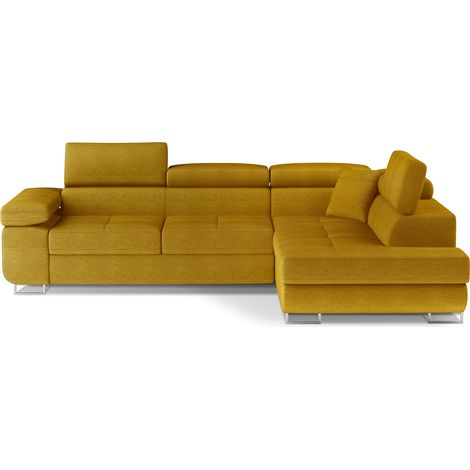 Les Tendances – Canapé d'angle convertible velours jaune moutarde – 6 places – Coffre de rangement – Mécanisme convertible Dolphin – Dimensions L 272 x P 203 x H 85 cm (1/5)