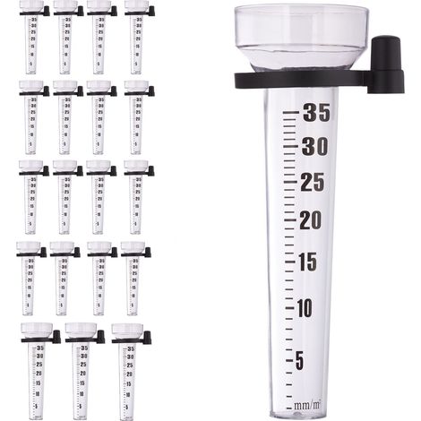 Relaxdays Rain Gauge, 20x Set, Precipitation Measurer, Rainfall Indicator Kit, Holder, Scale 35 mm/m², Transparent