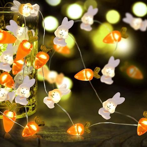 Ghirlanda luminosa pasquale, lunga 3 metri, con 30 LED (portabatterie), a forma di carota e coniglio, alimentata a batteria, ideale per feste al chiuso e all'aperto. (1/5)