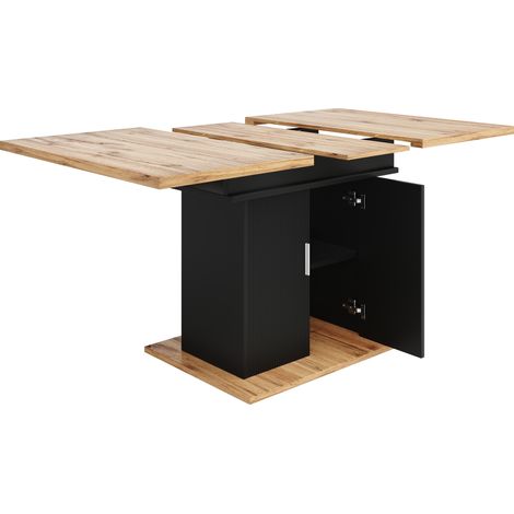 Table à manger extensible en MDF 110-140x70x76 cm avec espace de rangement, finition naturelle et noire (1/5)
