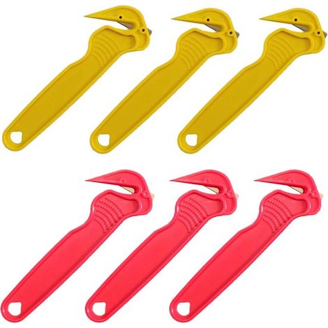 Set di 6 coltelli da imballaggio (3 rossi + 3 gialli) con lama in acciaio inox con lama incassata, apribottiglie e taglia-nastro per cartone e nastro adesivo. (1/5)