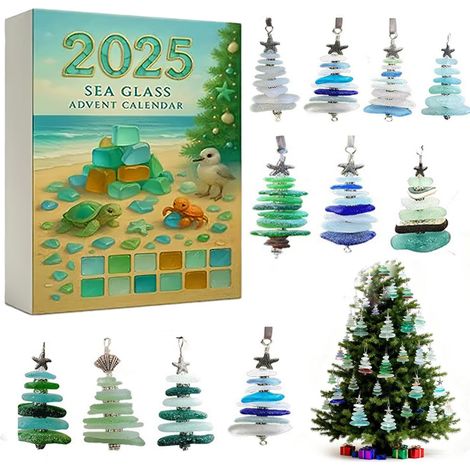 Calendario dell'Avvento in vetro di mare per l'albero di Natale 2025, conto alla rovescia (riquadro verde) (1/4)