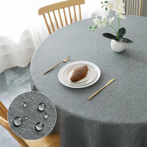Tischdecke Rund 100cm Grau Leinen-Optik Wasserabweisend Kratzfest Abwaschbar