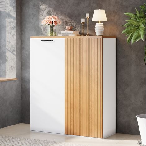 Armoire de rangement haute 80 × 40 × 110 cm en MDF blanc et décor chêne HAVRYA (1/5)