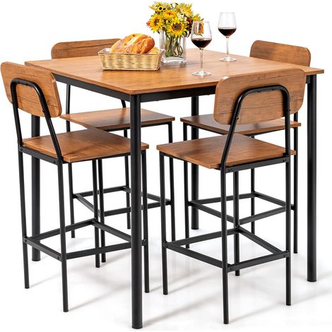 Goplus – Ensemble table et chaises 5 pièces – Table carrée 90x90cm – 4 chaises avec dossier et repose-pieds – Style industriel en métal et bois composite (1/5)