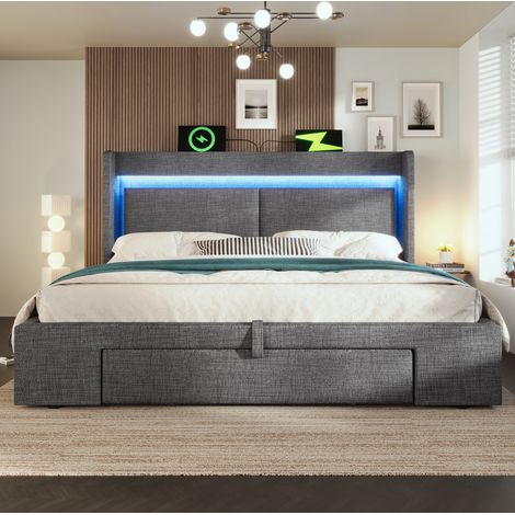 lit adulte 160x200 rangement LED lin gris OKMYHOME (1/5)