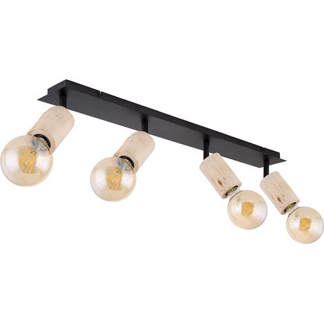 Lampada spot, faretto, faretto, lampada soggiorno, lampada sala da pranzo, faretti a 4 fiamme, mobile, metallo legno, nero naturale opaco, prese E27, LxLxA 80x10x18cm