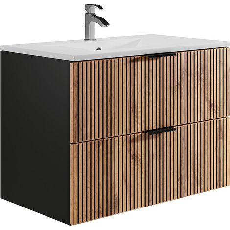 Vente-Unique – Meuble de salle de bain suspendu avec vasque à encastrer – Naturel clair et noir – 80 cm – 2 tiroirs soft close – Mdf et céramique
