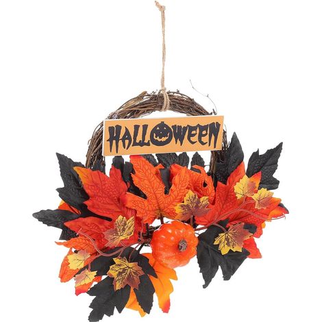 Ghirlanda di Halloween per porta in rattan con zucche di plastica e foglie d'acero, pratica decorazione da appendere per la casa e le feste. (1/5)