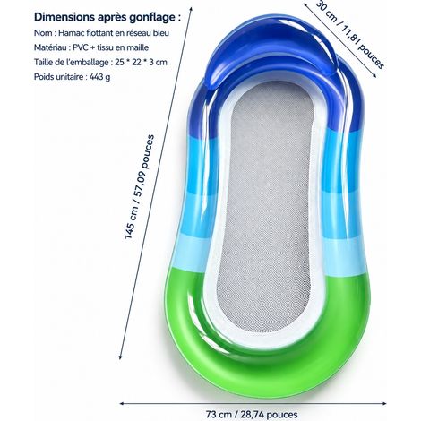 Hamac piscine gonflable filet 1 place PVC violet et vert 145x73cm sachet OPP emballage carte couleur 25 × 22 × 3 cm 443 g – Livraison gratuite