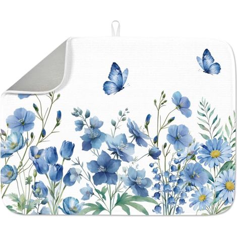 Tapis de séchage floral bleu de 60 x 45 cm en microfibre pour comptoir de cuisine, tapis égouttoir à vaisselle absorbant motif fleur papillon résistant à la chaleur avec boucle de suspension (1/5)