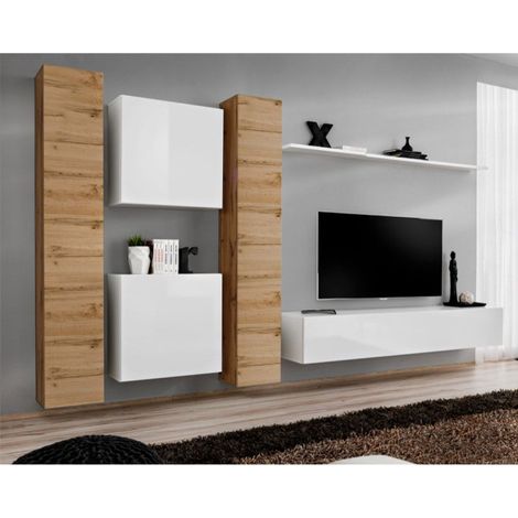 Meuble TV Mural Design "Switch VI" 330cm Naturel & Blanc (1/4)
