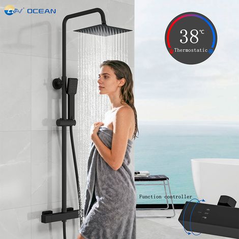 Kit doccia con soffione, doccetta e miscelatore termostatico quadrati, colonna doccia regolabile 75-125cm, nero