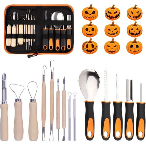 Kit de sculpture de citrouilles - 14 pièces - Emporte-pièces pour enfants et adultes - Outils pour sculpter les citrouilles - Acier inoxydable - Livré avec un sac de rangement (1/5)