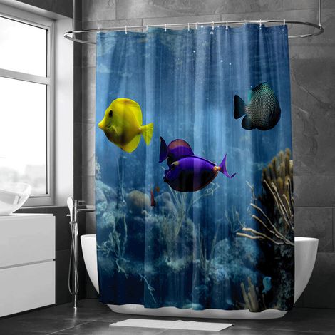 Rideau de douche motif hippocampes et étoiles de mer, rideau salle de bain imperméable, 150x180 cm (1/5)