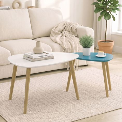 Lot de 2 tables basses gigognes design scandinave pieds en bois et plateau en bois, blanc et bleu (1/5)