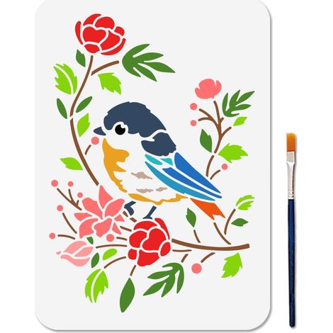 Pochoir de Branche D'Oiseau modèle de Peinture D'Oiseau de Feuille de Fleur avec Pinceau 29.7x21cm Modèle D'Art Botanique Animal Pochoir Réutilisable pour Bois Mur Tissu Décoration la Maison (1/5)