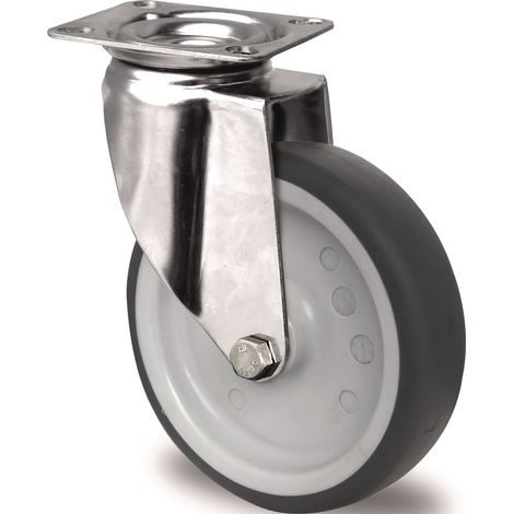 Roulette pivotante D.125mm Capacité.100kg avec platine Largeur.70mm palier lisse Acier inoxydable TPE TECWERK (1/2)