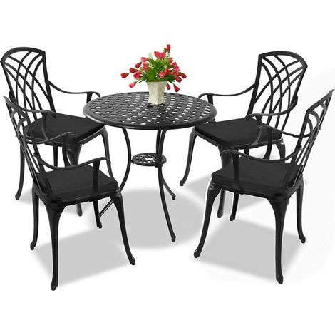 Centurion Supports OSHOWA Garden & Patio Table & 4 Large Chairs with Armrests Cast Aluminium Bistro Set - Black Cushions (1/5)