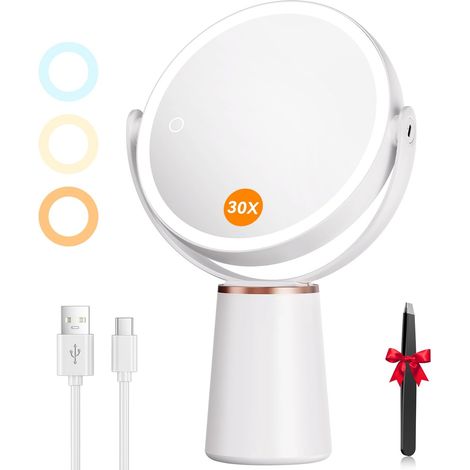 Doppelseitiger, beleuchteter Vergrößerungsspiegel (30x/1x), wiederaufladbarer Akku (2000 mAh), freistehend, mit 3 Lichtfarben, 64 LEDs und 360°-Drehung für Make-up und Gesichtspflege (1/5)