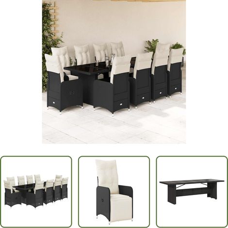 Gartentisch - 11-tlg. Garten-Bistro-Set mit Kissen Schwarz Poly Rattan (1/5)