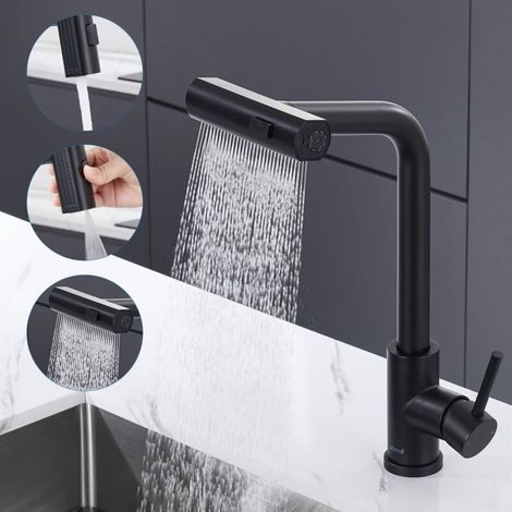 Robinet Cuisine Noir Cascade, Mitigeur Cuisine avec Douchette Extractible 3 Modes de Réglage, Robinetterie Evier Cuisine Escamotable Rotatif à 360° en Acier Inoxydable (1/5)