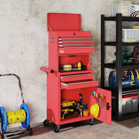 Servante d'atelier à roulettes, 6 tiroirs, 2 compartiments, acier, verrouillable, rouge (1/4)