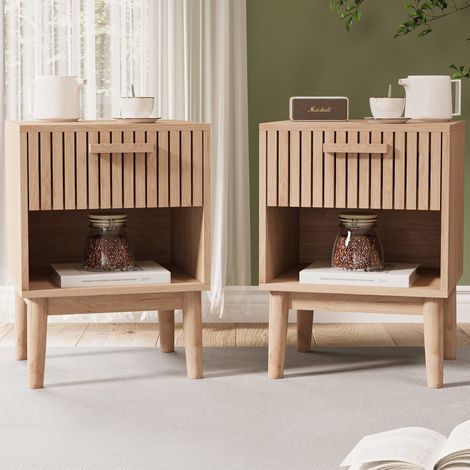 2er-Set Nachttische 40x35x55 cm, mit einer Schublade, offenen Fächern, Wellenbrett-Design aus Holz, für Wohnzimmer und Schlafzimmer, Massivholzfarbe